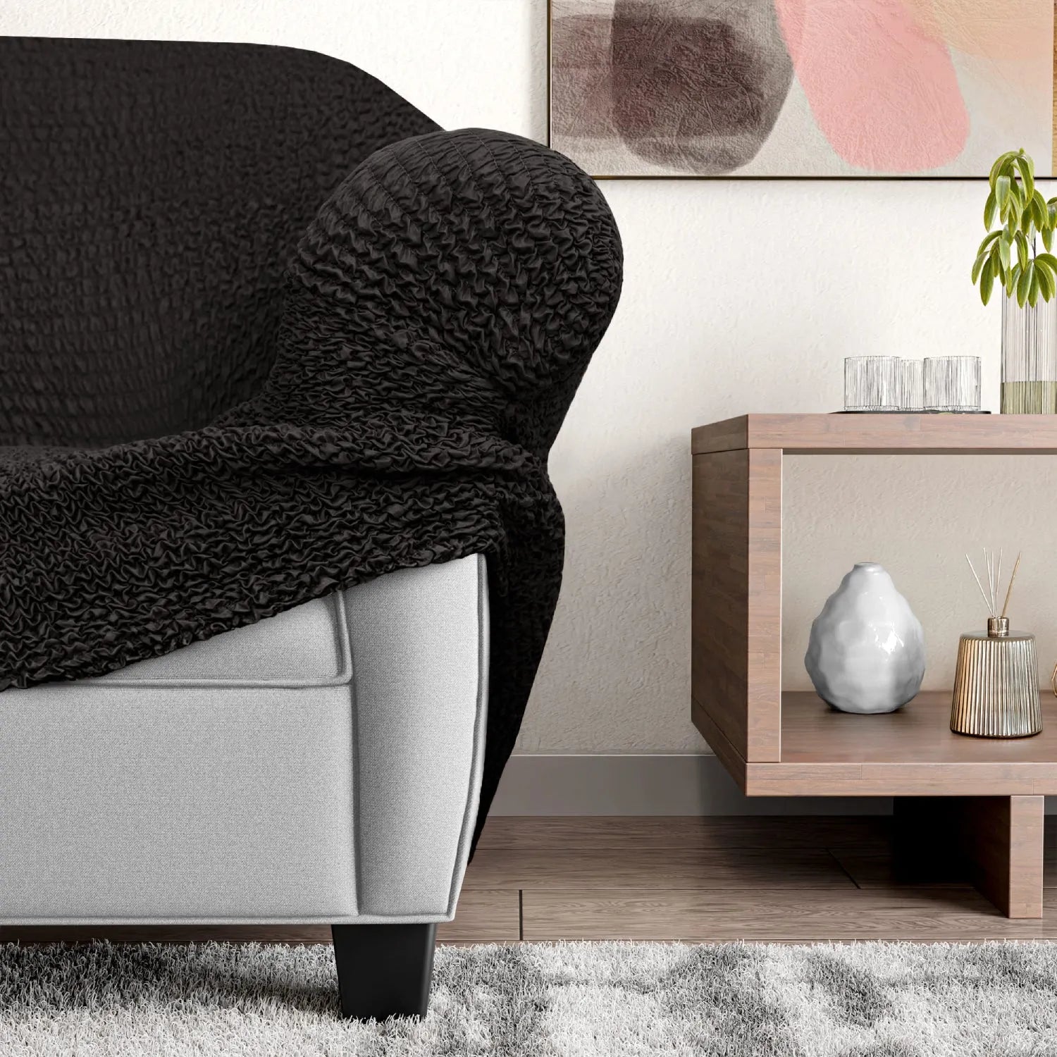 Black Solid - Corner Sofa Slipcover, Microfibra Collection