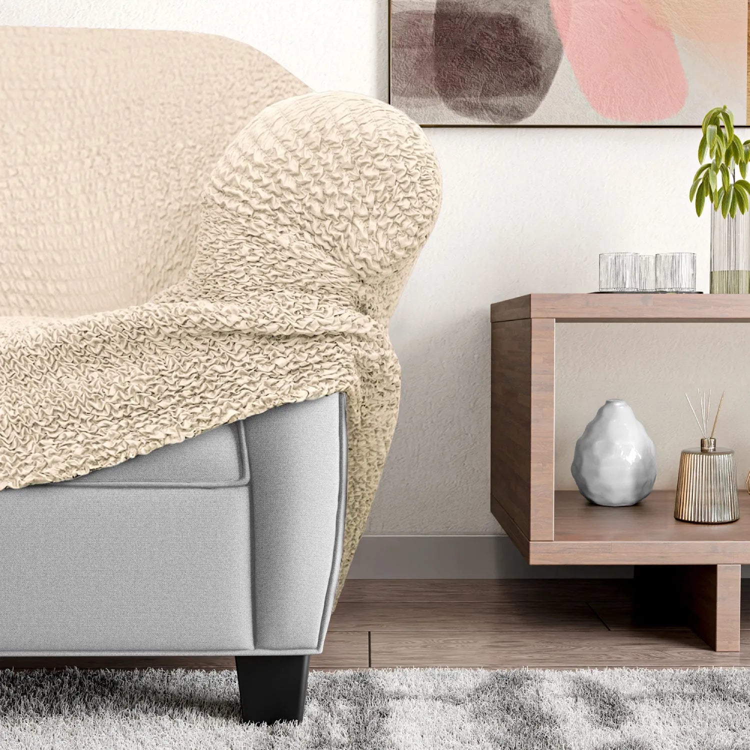 Cream Solid - Corner Sofa Slipcover, Microfibra Collection (Copy)